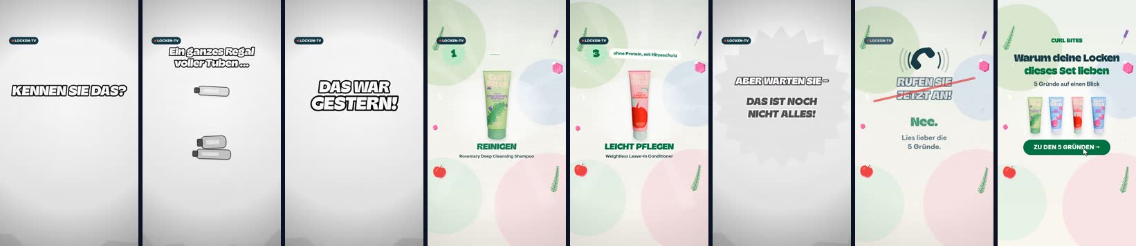 Acht Einzelbilder aus der Teleshopping-Motion-Ad nebeneinander